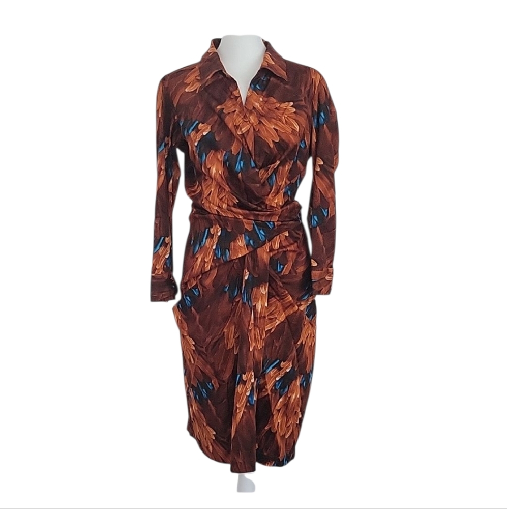 Samantha Sung Collared V-Neck Wrap Autum Feathers Dress Size 8